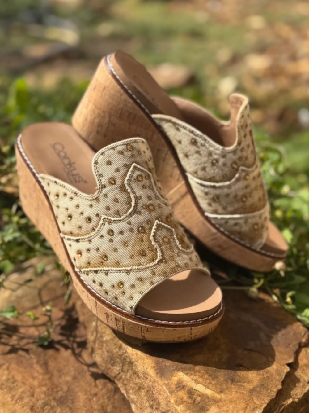 Corkys Neon Moon Tan Washed Denim Rhinestone Wedges